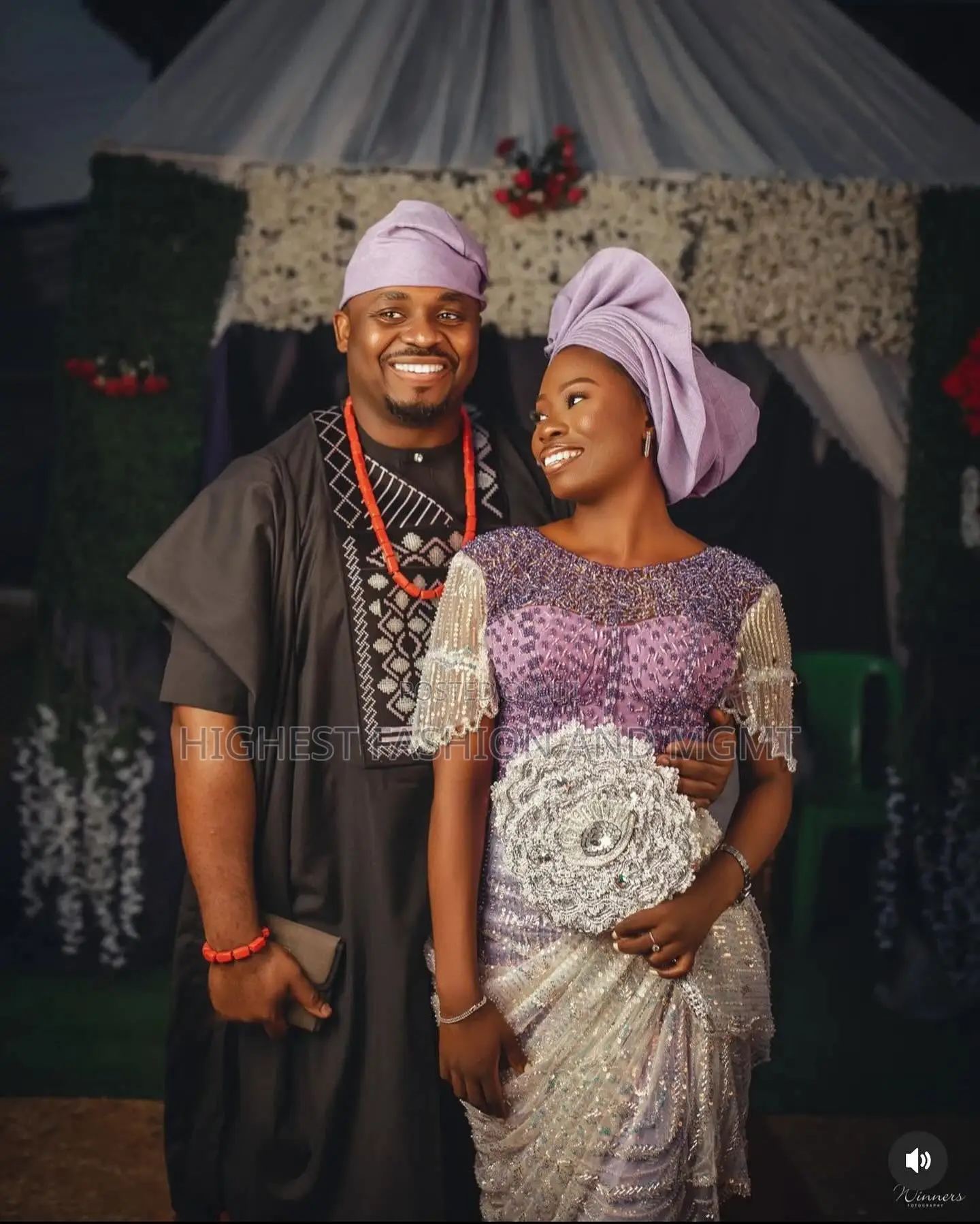 Beaded Lavender Lace Gown and Embroidered Black Agbada
