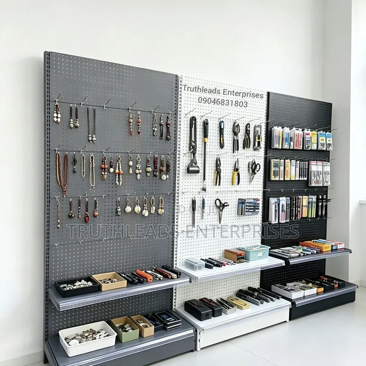 Gondola Display Shelf With Hanging Hooks and Trays