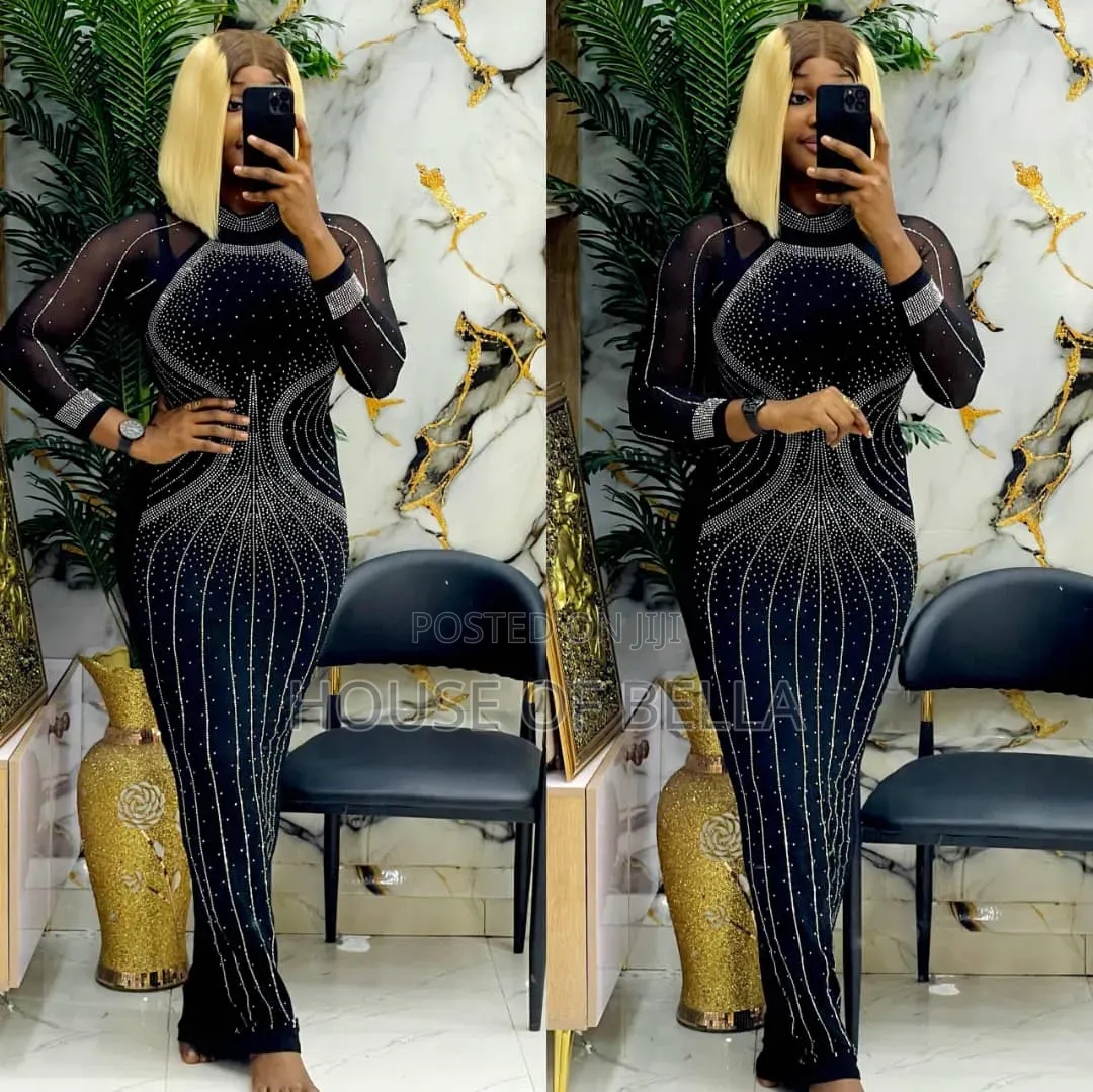 Elegant Long Stone Embellished Gown – Luxury Classy
