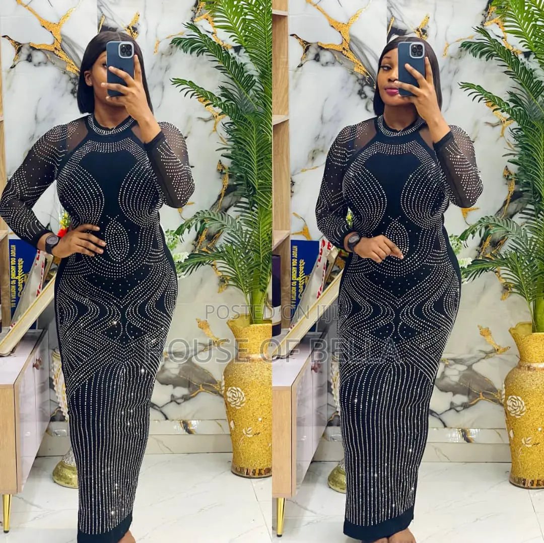 Elegant Long Stone Embellished Gown – Luxury Classy
