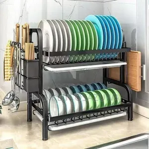 2-Tier Dish Drying Rack With Drain Tray Utensil Holder