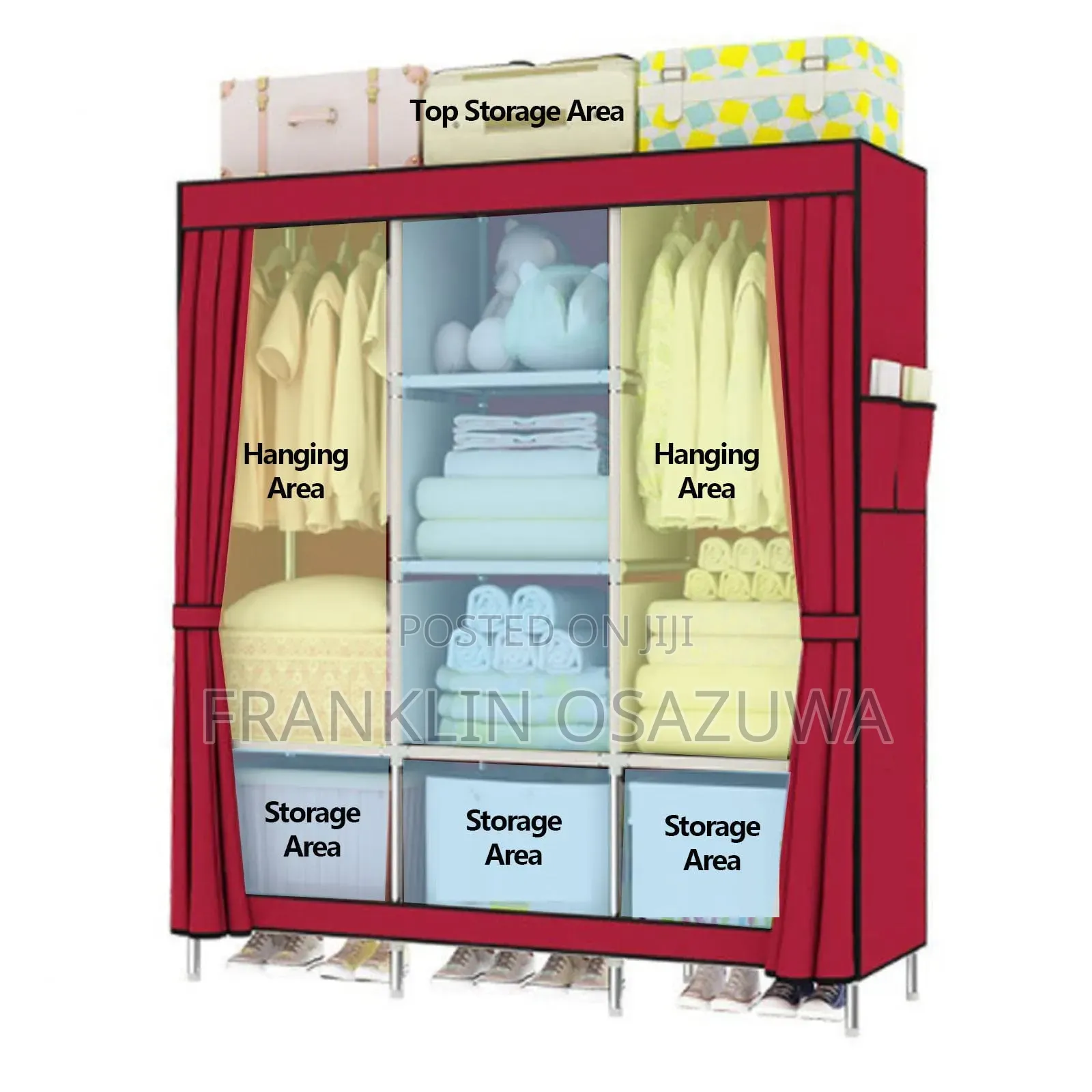 Portable Foldable Fabric Wardrobe With Hanging Rod Storage Shelves