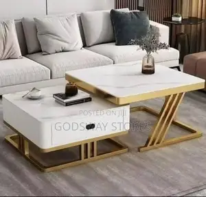 Twin White Mable Centre Table With Gold Color Stand, and Drawer