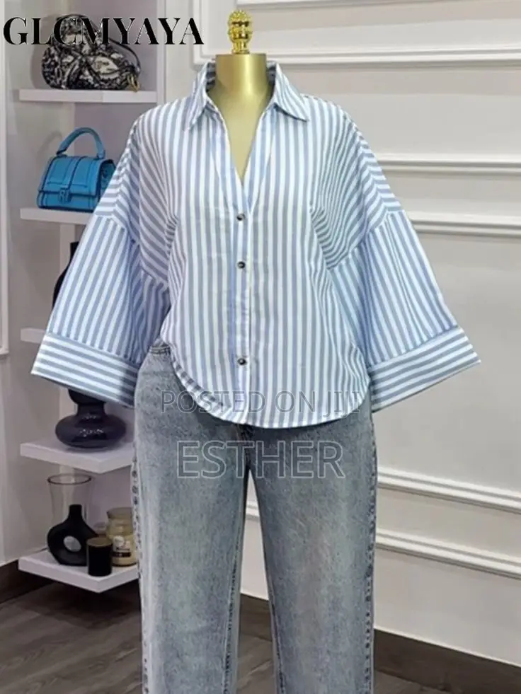 Ladies Oversized Button Up Stripe Shirt