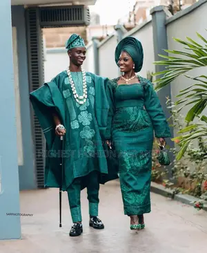 Teal Lace Blouse Wrapper Set With Matching Embroidered Teal Agbada