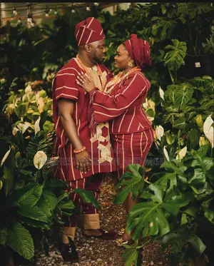 Crimson Tan Striped Peplum Set Matching Striped Embroidered Agbada