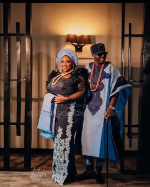 Midnight-Blue Embroidered Gown With Train Matching Azure Agbada Set