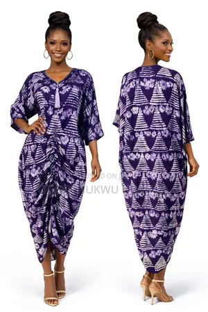 Ruched Adire Dress With v Neck