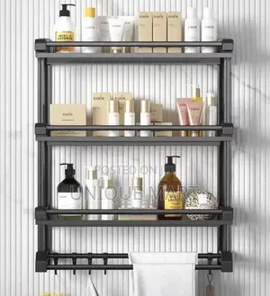 3 Tier Black Steel Bathroom Organizer With Towel Rack and Sponge Hooks