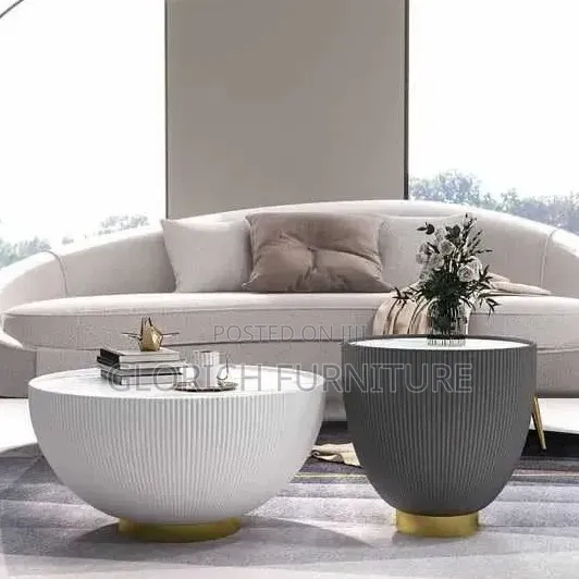 Ribbed Bowl Coffee Side Table Set – White Grey With Gold Base