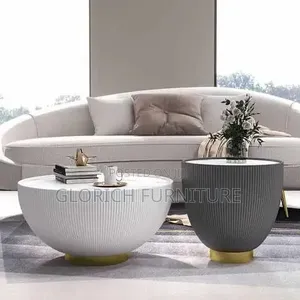 Ribbed Bowl Coffee Side Table Set – White Grey With Gold Base