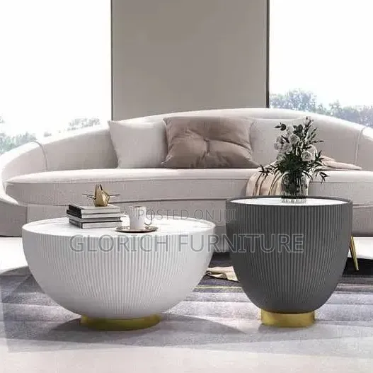 Ribbed Bowl Coffee Side Table Set – White Grey With Gold Base