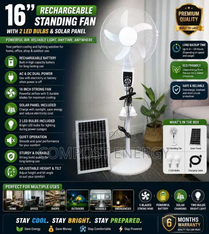 Remote Control 16" AC/Dc Rechargeable Fan With 2bulbs and Panel