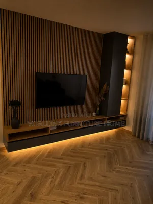 Luxury Wood Fluted TV Wall Unit With LED Floating Console