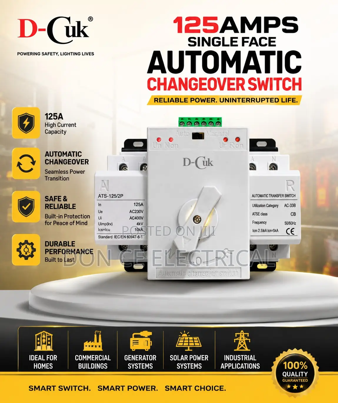 125AMPS Single Phase Automatic Changeover Switch