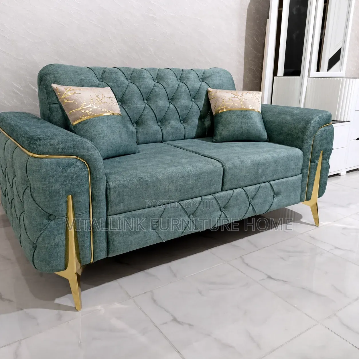 Luxury Teal Tufted 2-Seater Sofa With Gold Trim Angular Legs