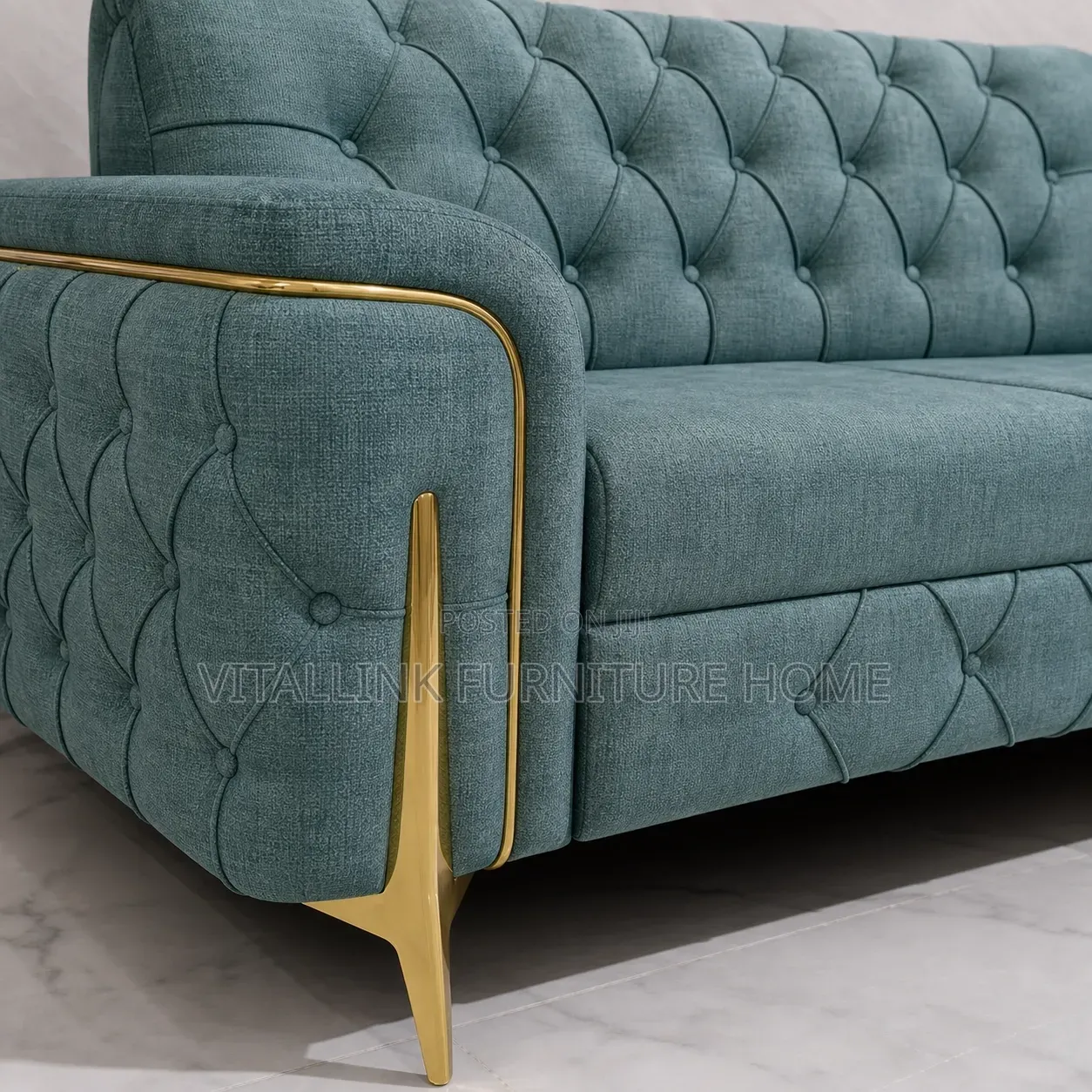 Luxury Teal Tufted 2-Seater Sofa With Gold Trim Angular Legs