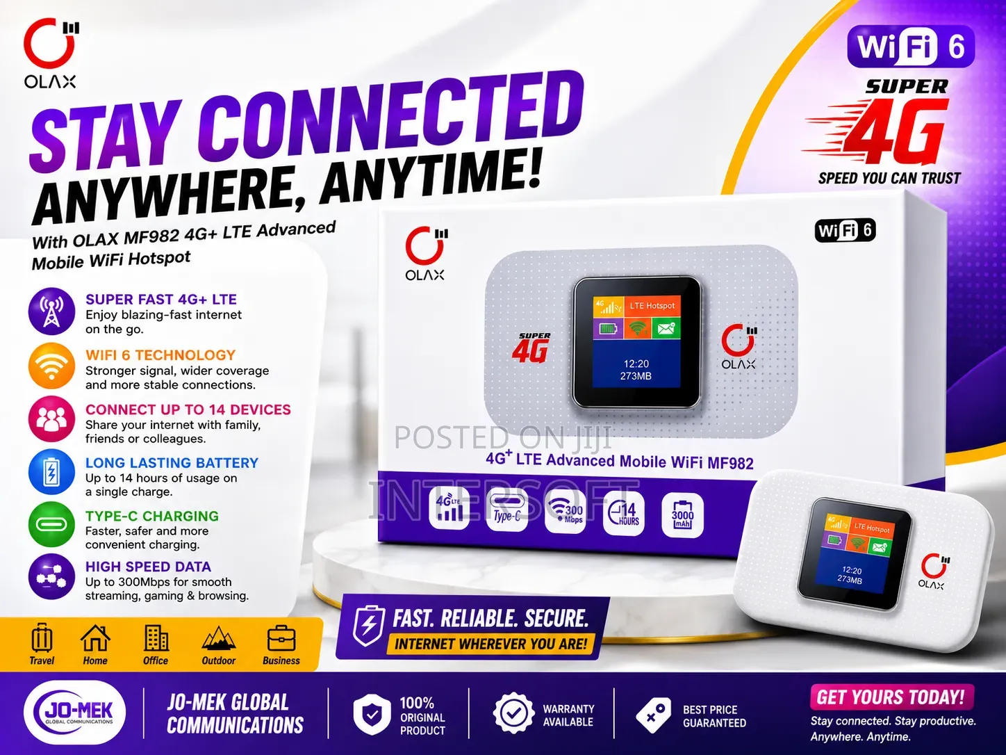 Olax MF982 4G+ LTE Advanced Mobile Wi-Fi Hotspot Router.