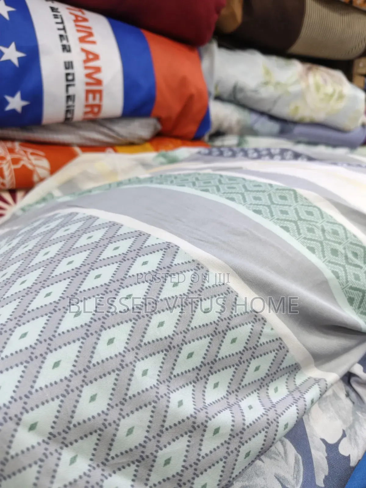 Grey Mint Green Geometric Bedspread Material