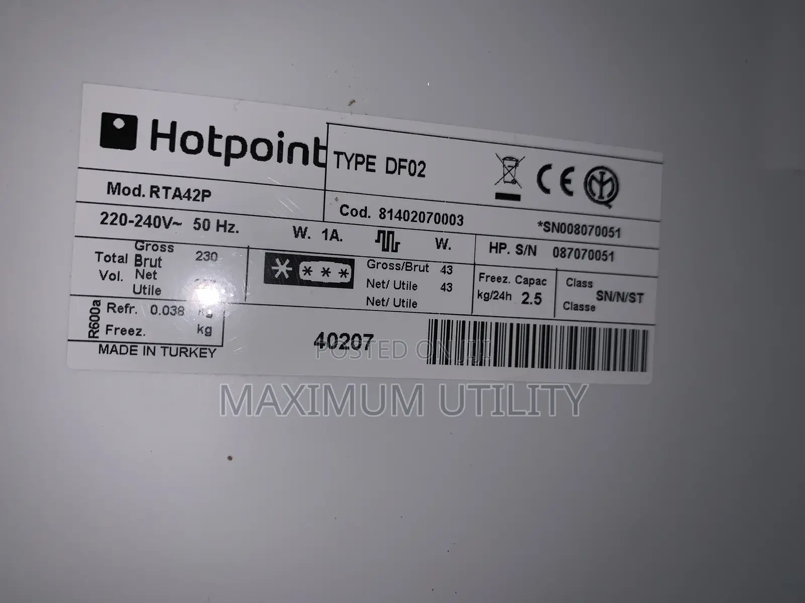 Hotpoint 230 Liters Uk Used Double Door Refrigerator