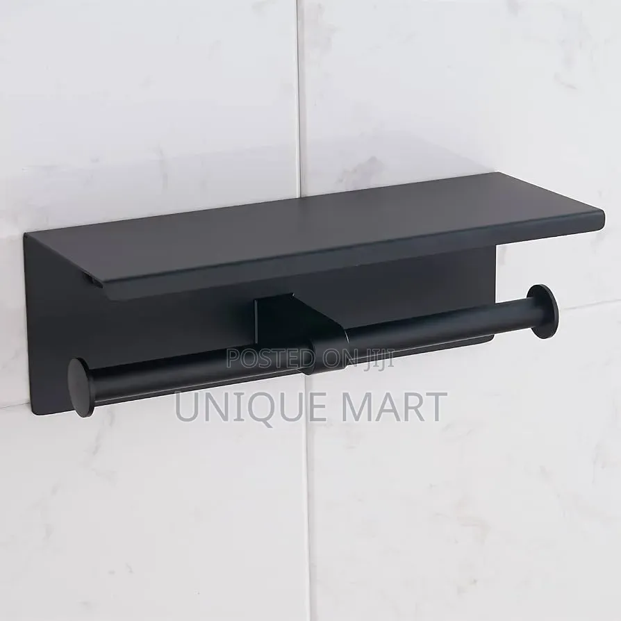 Wall Mounted Black Matte Double Tissue Paper Holder With Shelf