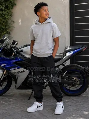 Boys Grey Short Sleeve Hoodie With Black Cargo Joggers