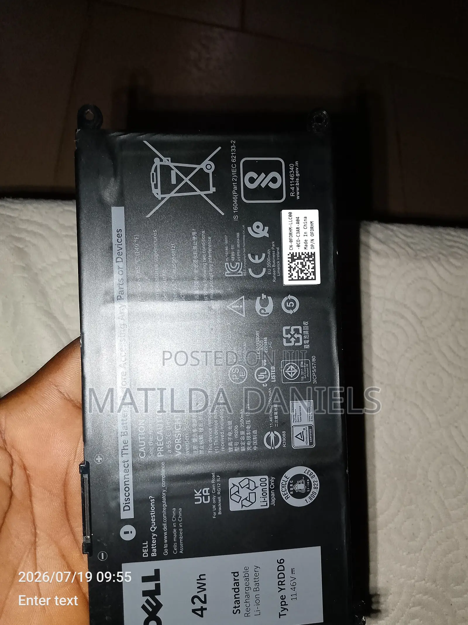 Original Dell Laptop Battery YRDD6 42Wh 11.46V (3500mAh)
