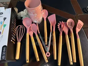 Pink 12-Piece Silicone Utensil Set With Wooden Handles Holder