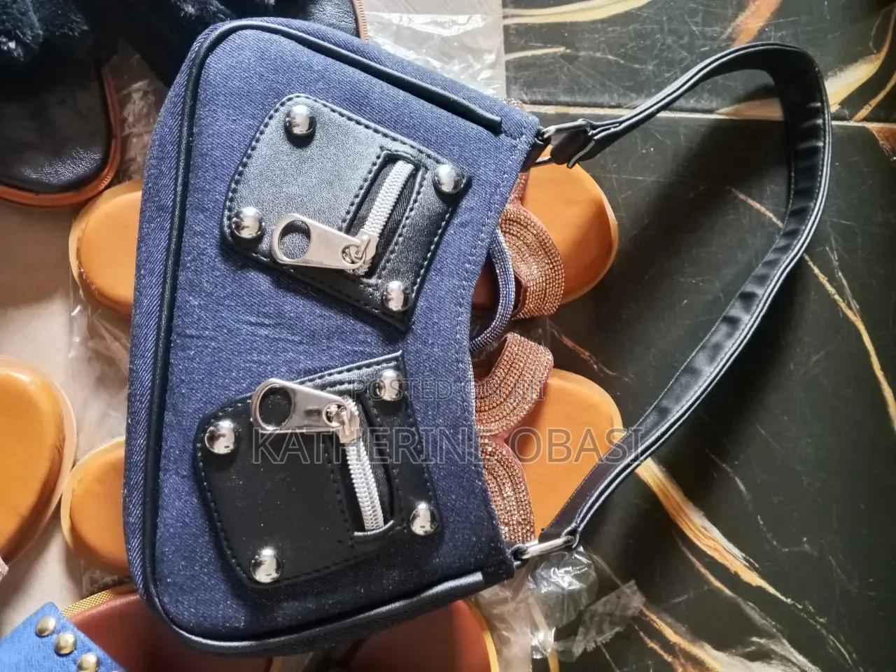 Foreign Stock Black Jean Material Handbag