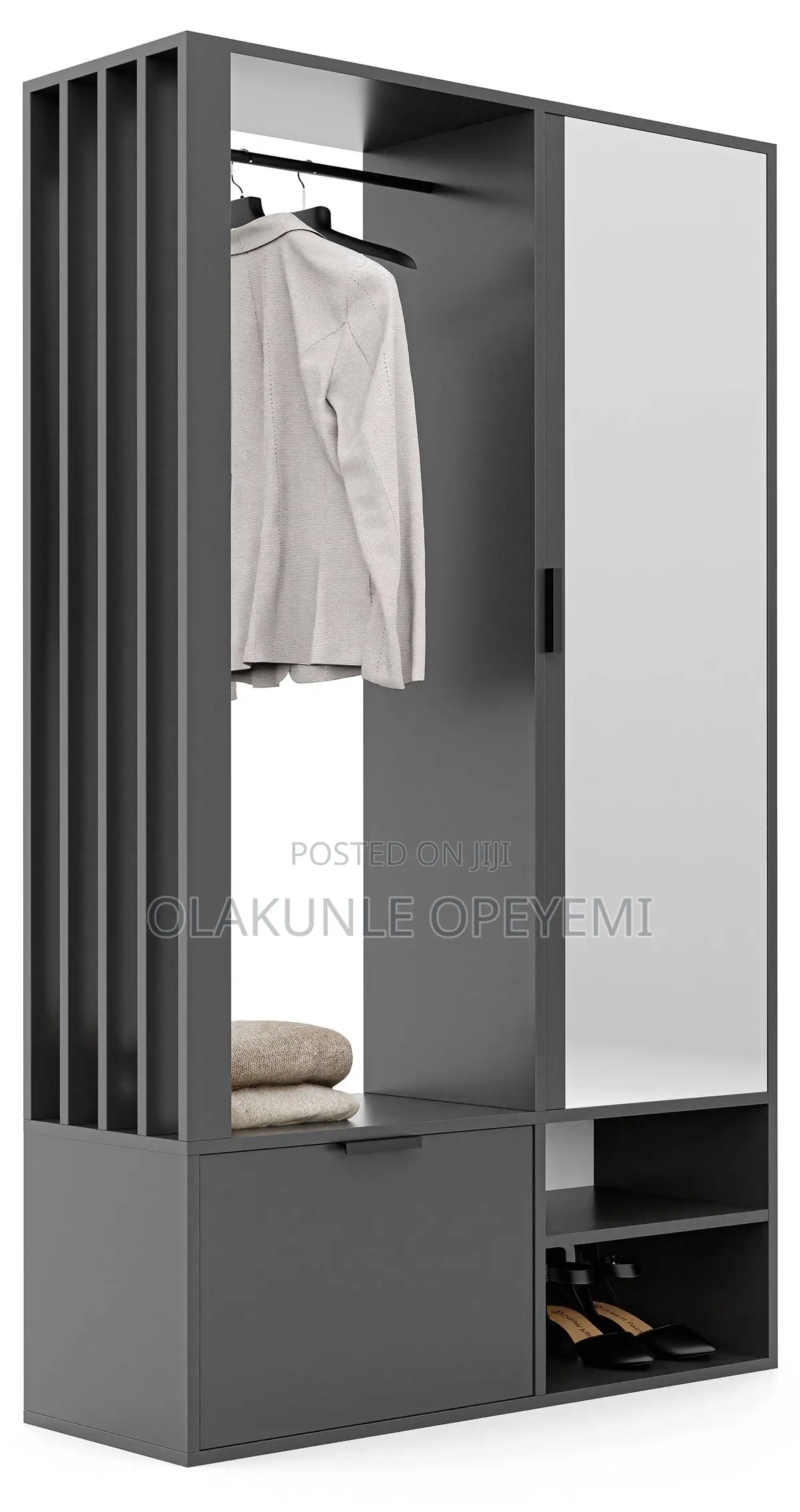 Modern Entryway Wardrobe With Mirror + Shoe Rack - Grey