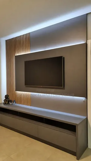 Modern Matte Grey TV Wall Unit With Fluted Panel LEDs
