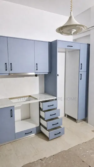 Modern Light Blue Kitchen Set With Tall Fridge/Pantry Niche