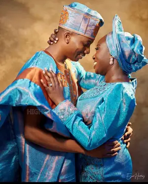 (Turquoise Brocade Gown Copper-Accented Agbada Set