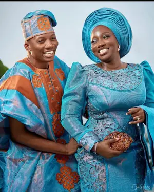 (Turquoise Brocade Gown Copper-Accented Agbada Set