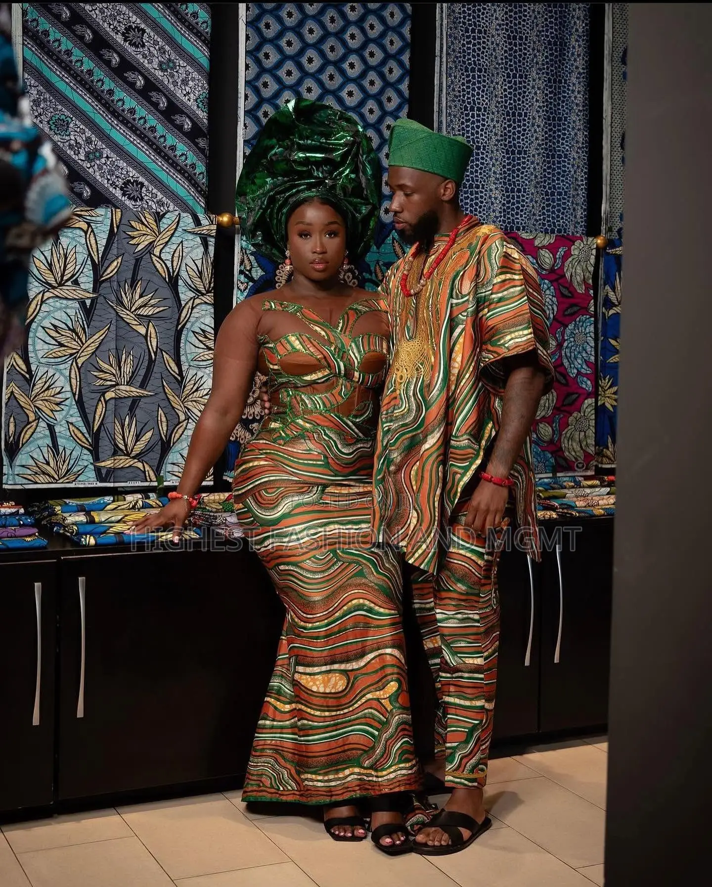 Wavy Patterned Corset Gown Coordinated Agbada Set