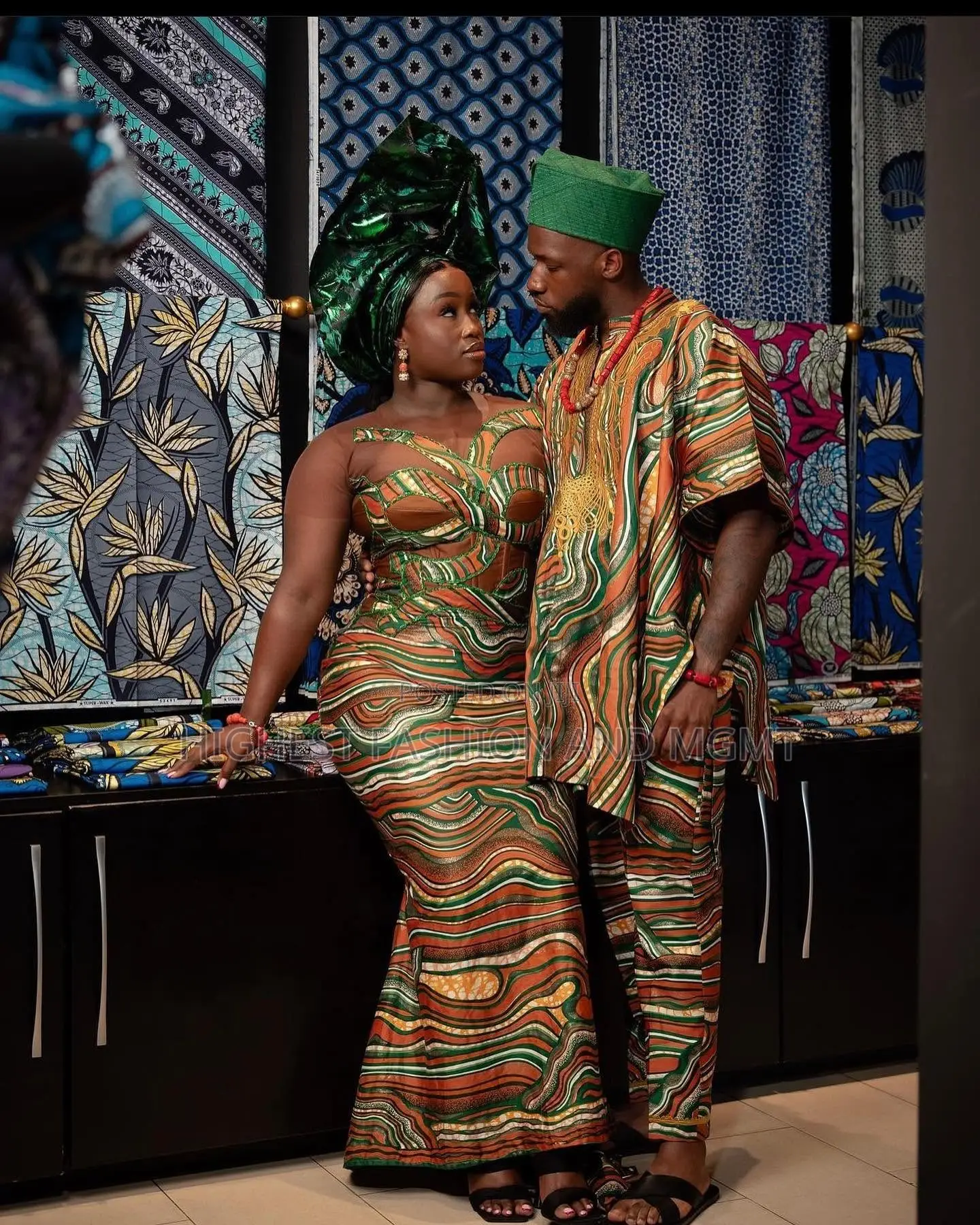 Wavy Patterned Corset Gown Coordinated Agbada Set