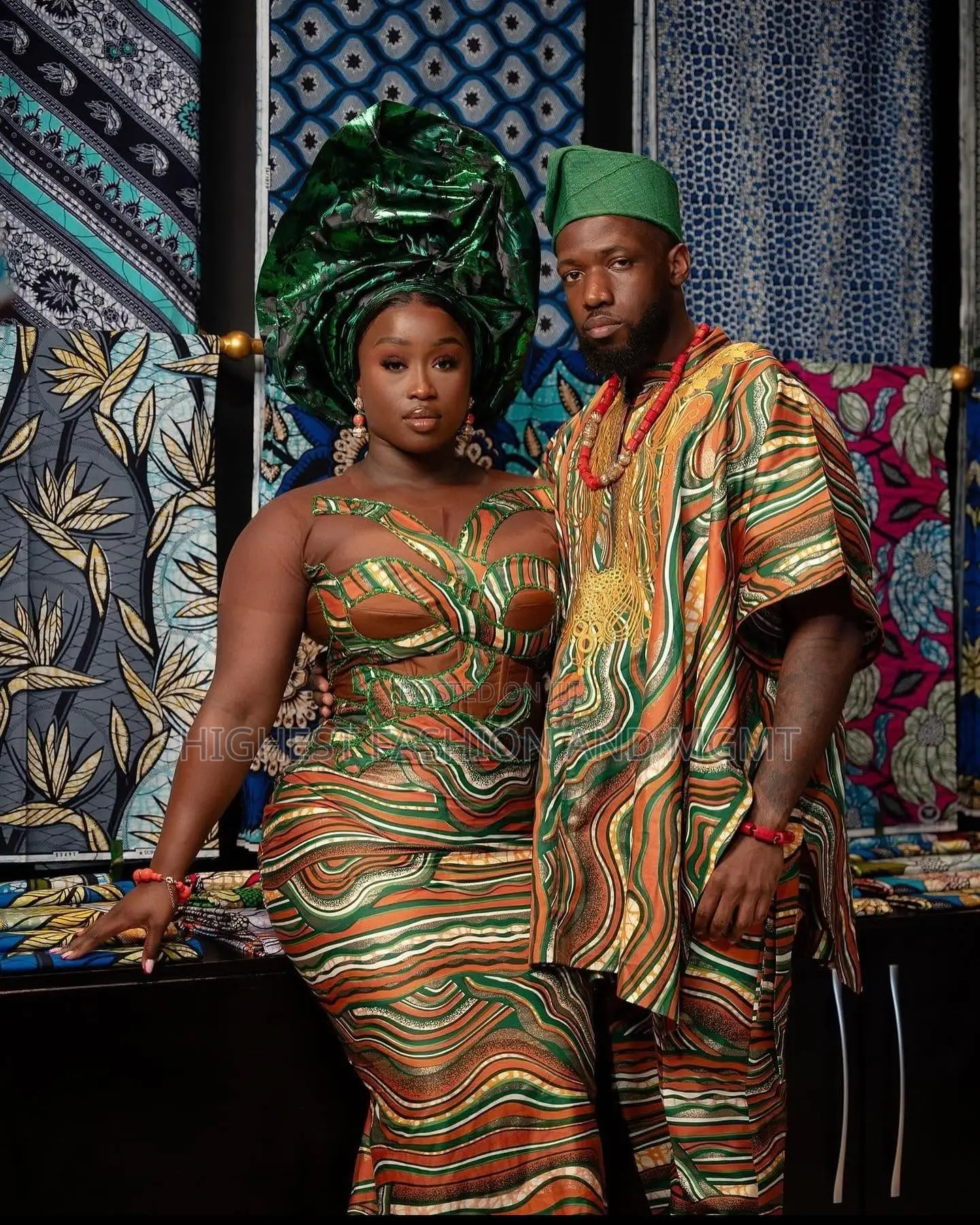 Wavy Patterned Corset Gown Coordinated Agbada Set