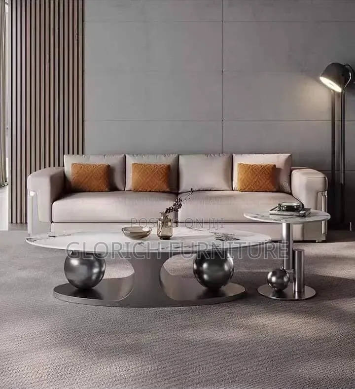 Oval Sintered Stone Coffee Side Table Set – Gunmetal Orb