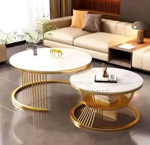 Mable Top With Golden Color Stand Double Center Table