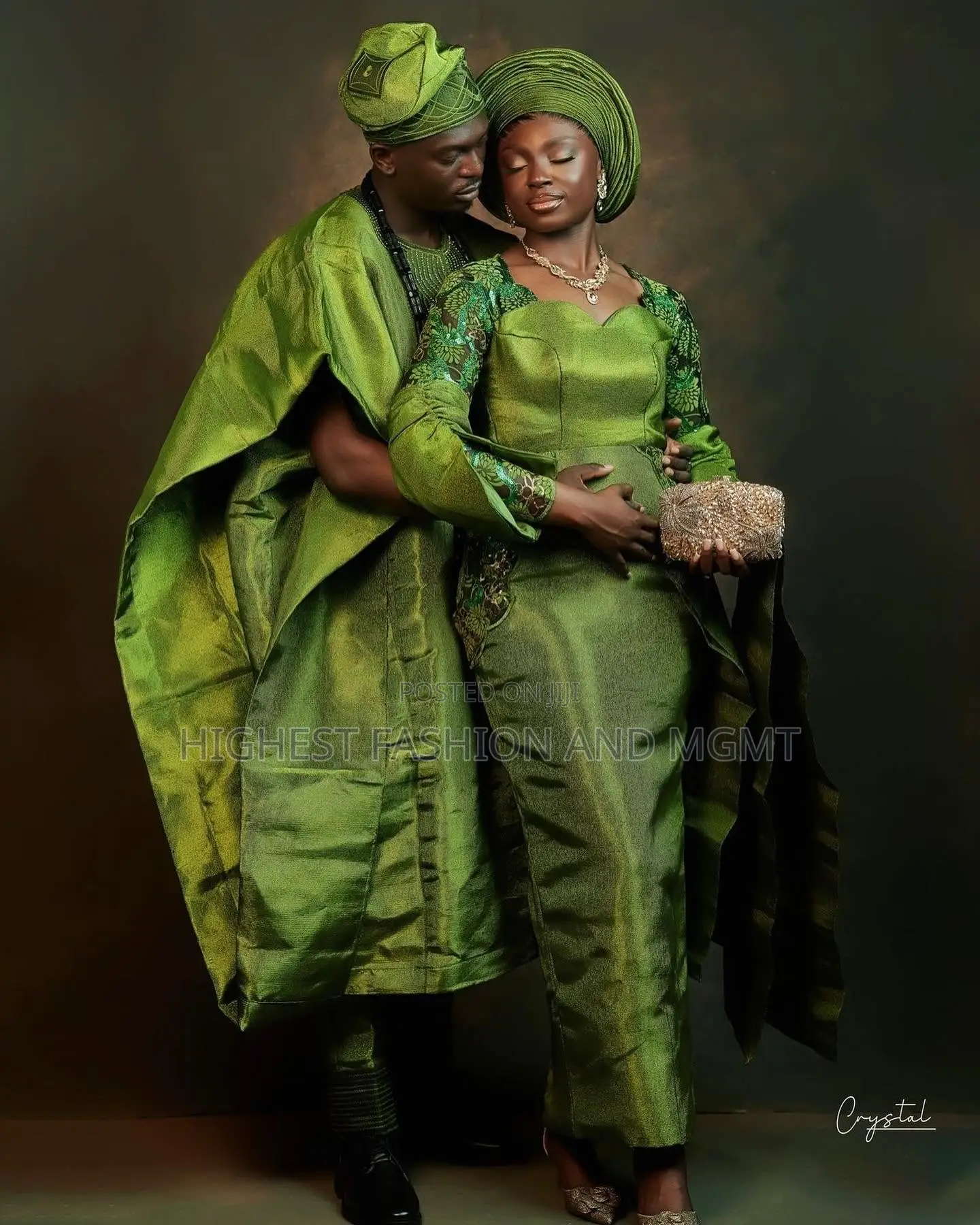 Olive Metallic Brocade Gown Agbada Set