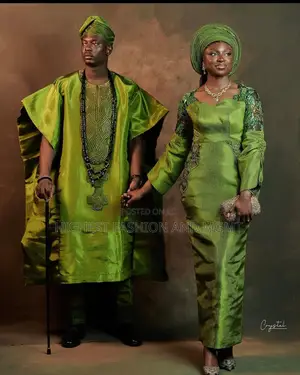 Olive Metallic Brocade Gown Agbada Set