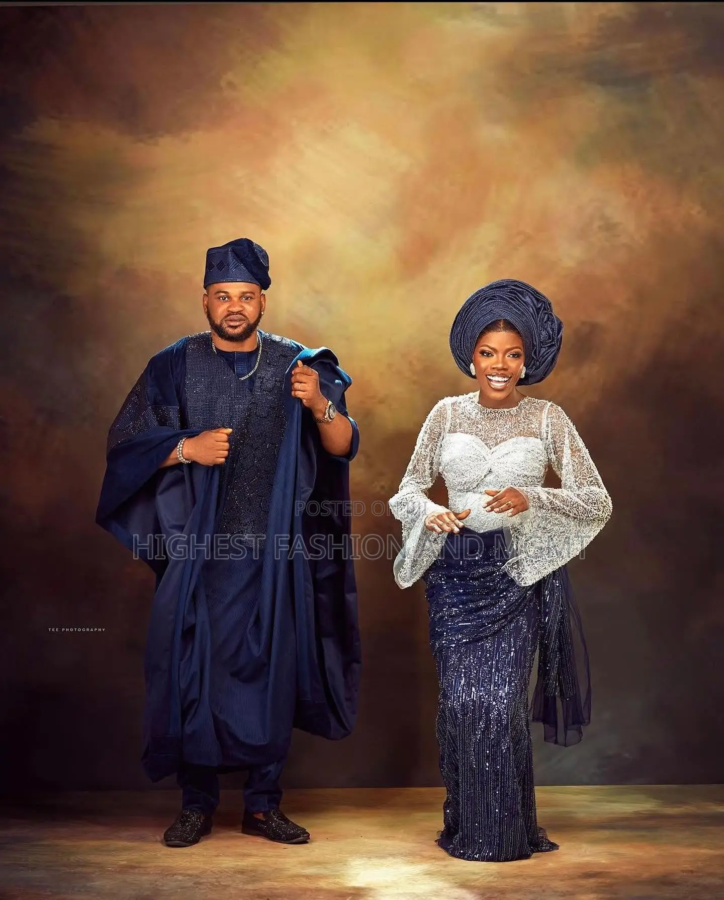 Silver-White Beaded Blouse Navy Agbada Set