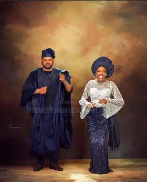 Silver-White Beaded Blouse Navy Agbada Set