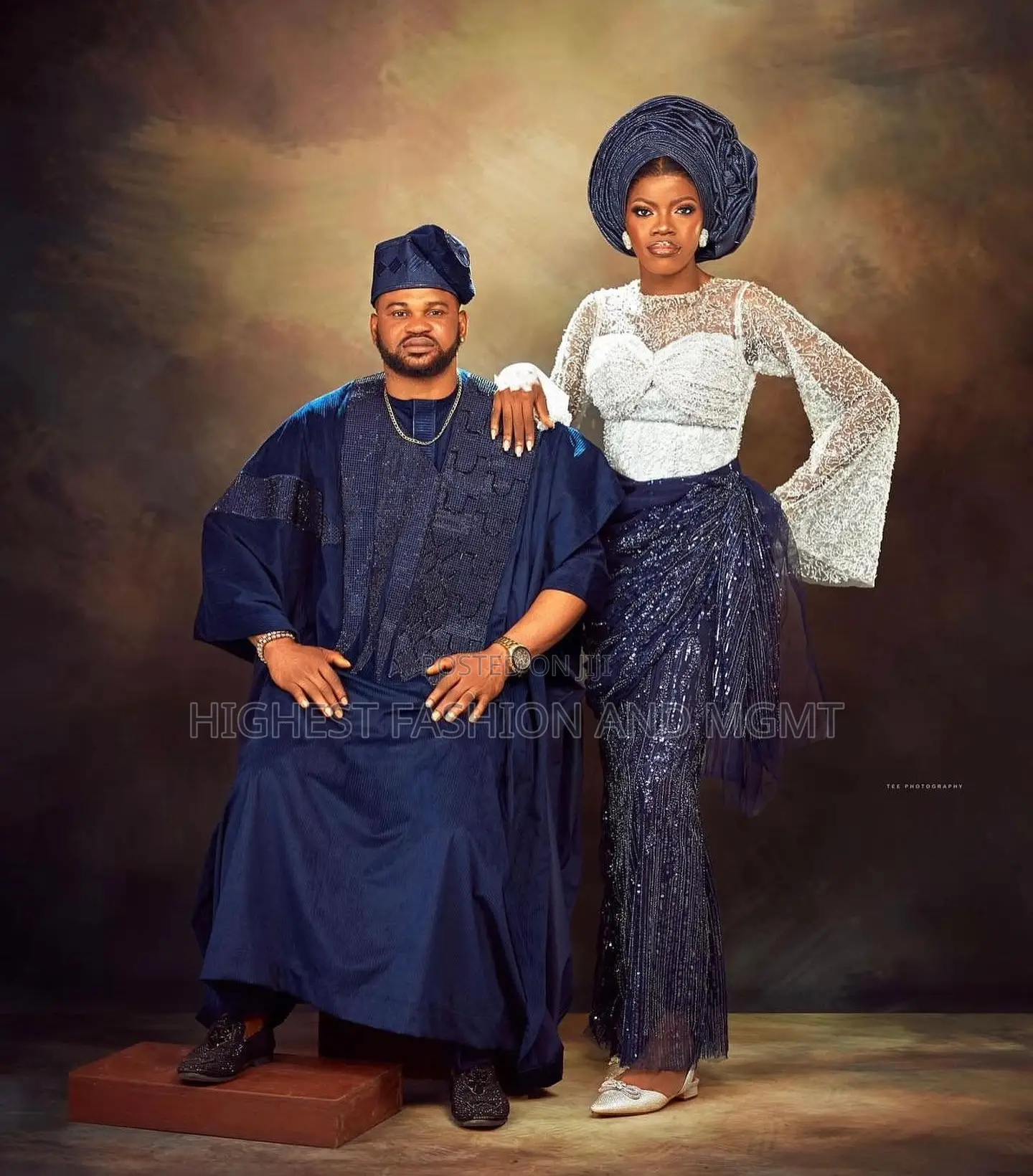 Silver-White Beaded Blouse Navy Agbada Set