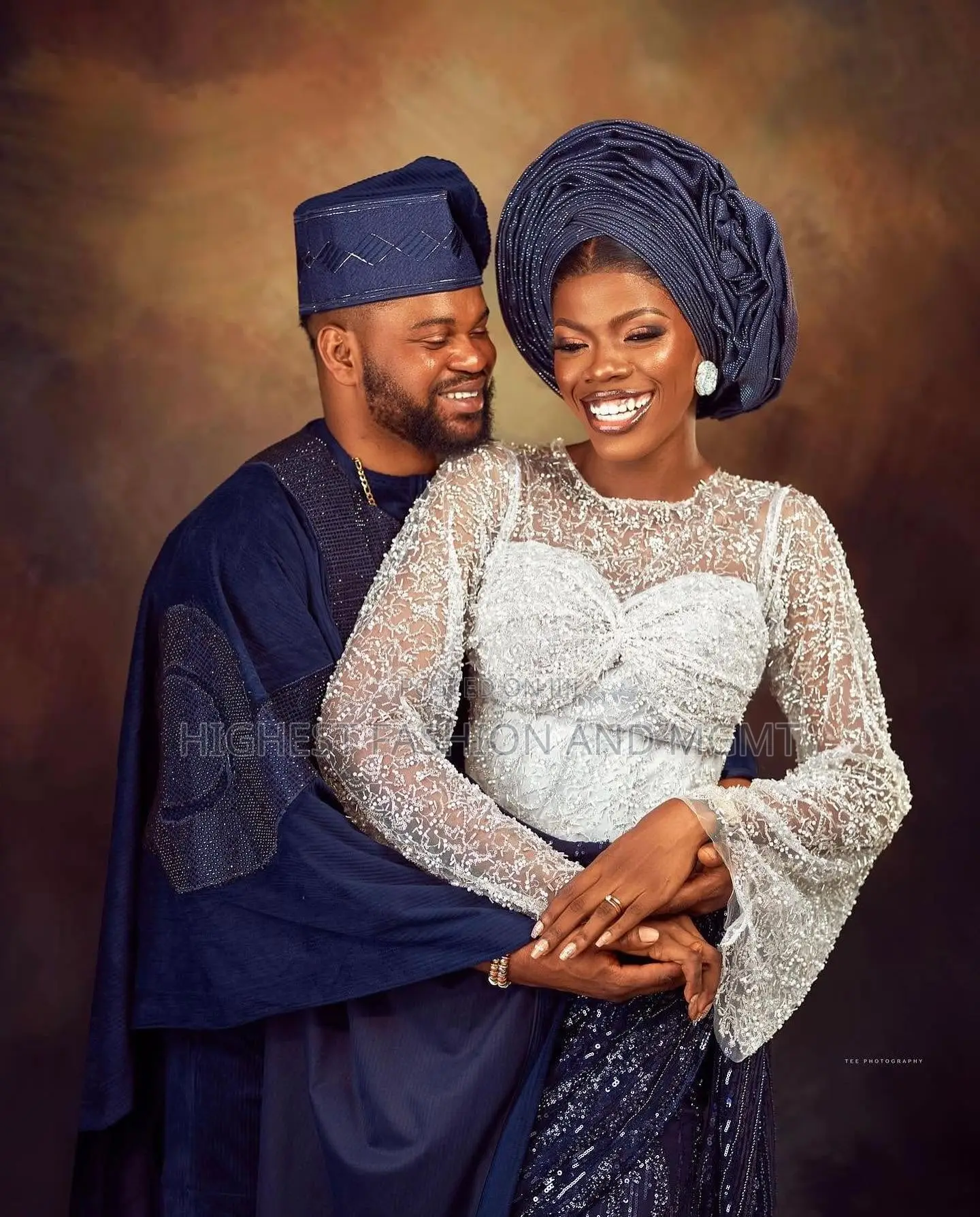 Silver-White Beaded Blouse Navy Agbada Set