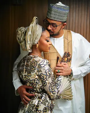 Sequined Floral Gown Geometric Gold Agbada Set