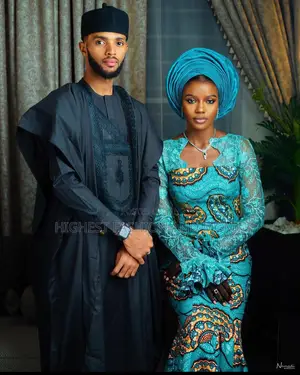 Turquoise Ankara Lace Gown Charcoal Agbada Set