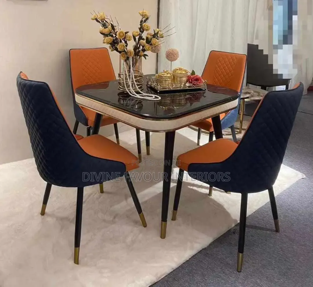 Modern Marble Square Dinning Table and 4 Leather Chairs