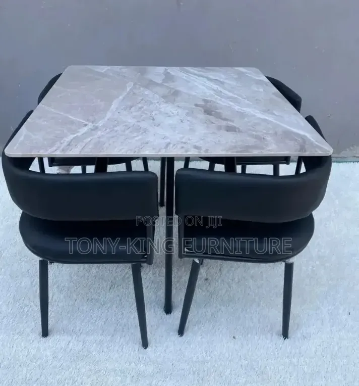 Classy Compact Marble Top 4 Seater Dining Set With Leather Chairs