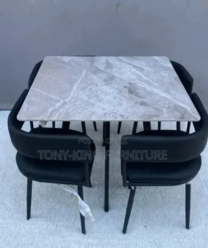 Classy Compact Marble Top 4 Seater Dining Set With Leather Chairs